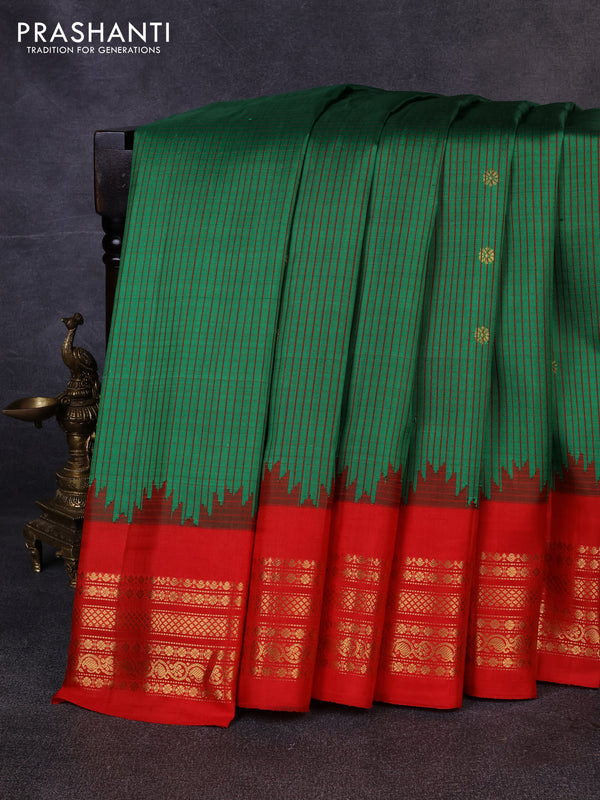 Pure gadwal silk saree green and red with allover checks & zari woven buttas and temple design zari woven border