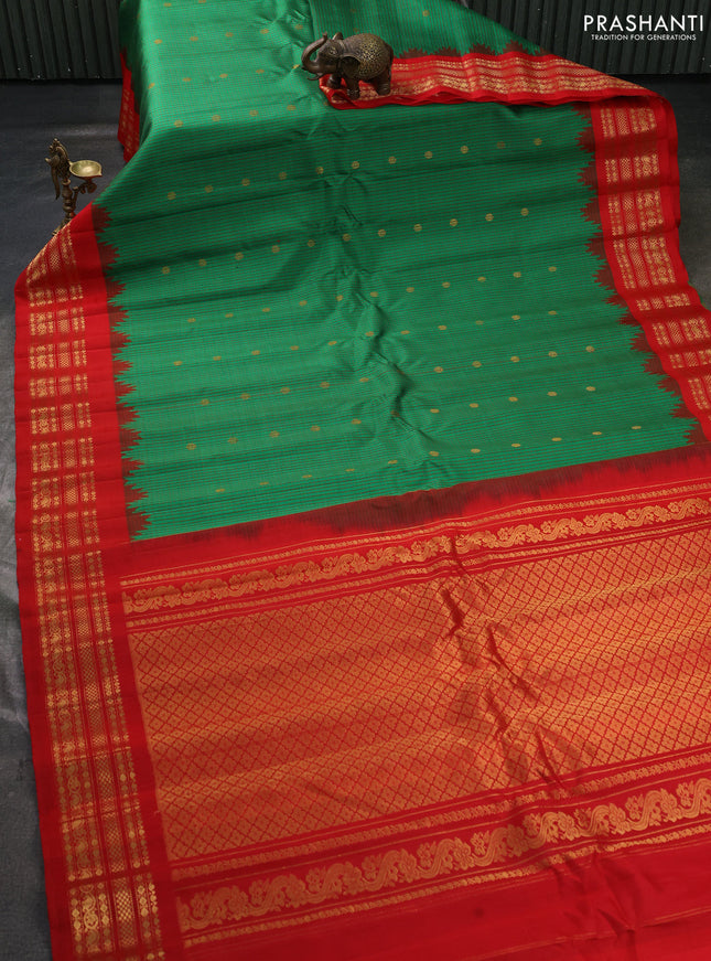 Pure gadwal silk saree green and red with allover checks & zari woven buttas and temple design zari woven border