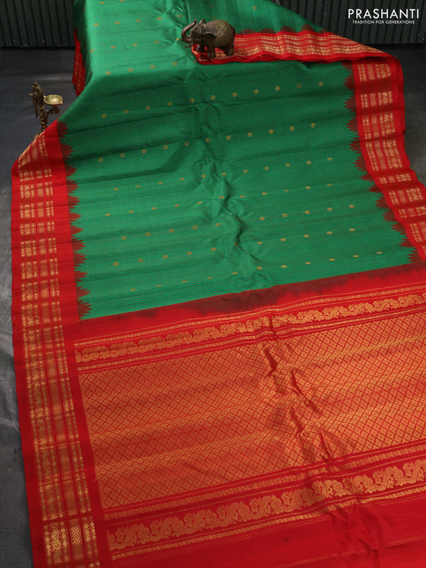 Pure gadwal silk saree green and red with allover checks & zari woven buttas and temple design zari woven border