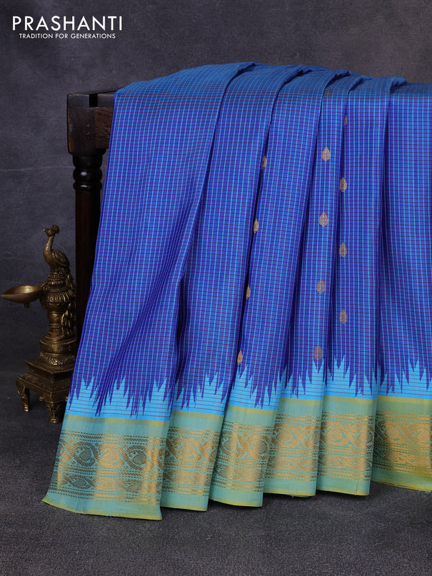 Pure gadwal silk saree blue and dual shade of bluish green with allover checks & zari woven buttas and temple design zari woven border