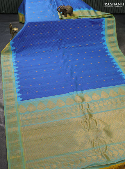Pure gadwal silk saree blue and dual shade of bluish green with allover checks & zari woven buttas and temple design zari woven border
