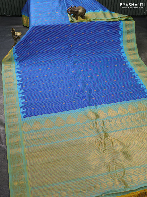 Pure gadwal silk saree blue and dual shade of bluish green with allover checks & zari woven buttas and temple design zari woven border