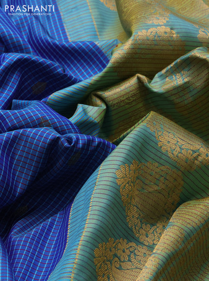Pure gadwal silk saree blue and dual shade of bluish green with allover checks & zari woven buttas and temple design zari woven border