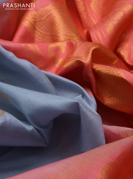 Pure gadwal silk saree bluish grey and peach orange with allover silver & zari woven buttas and zari woven korvai border