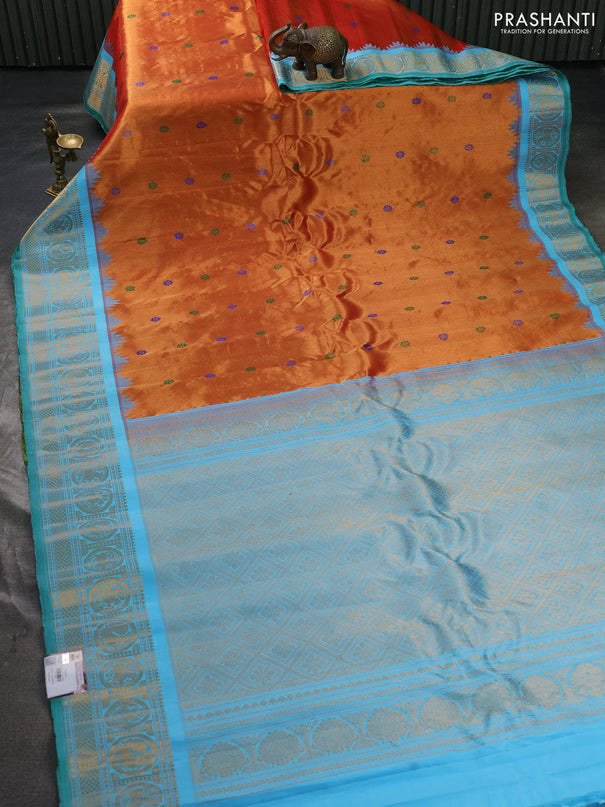 Pure gadwal tissue silk saree rust shade and teal blue with allover thread woven buttas and temple design zari woven border