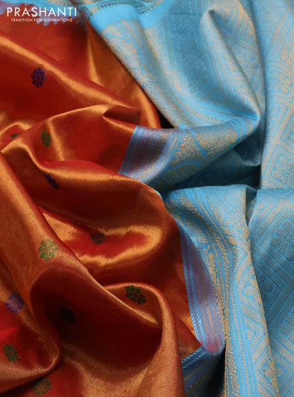 Pure gadwal tissue silk saree rust shade and teal blue with allover thread woven buttas and temple design zari woven border