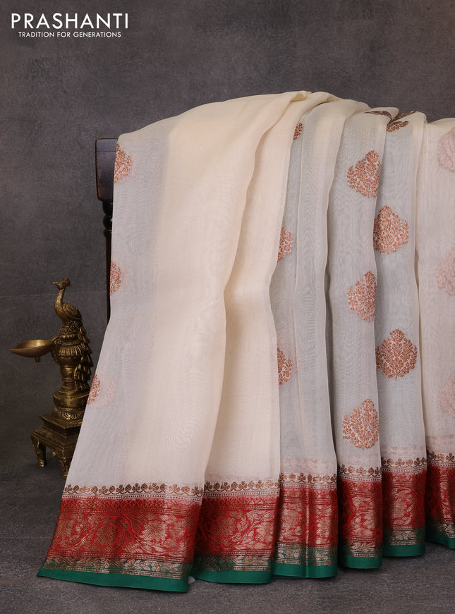 Banarasi organza saree off white and maroon green with thread & zari woven buttas and woven border