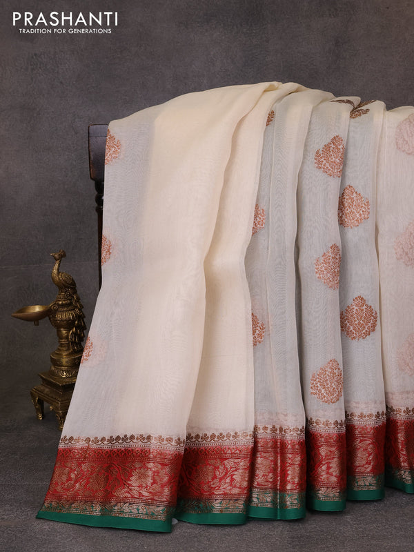 Banarasi organza saree off white and maroon green with thread & zari woven buttas and woven border
