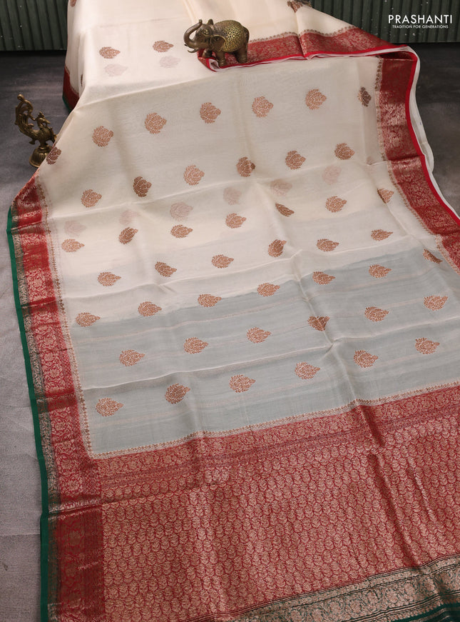 Banarasi organza saree off white and maroon green with thread & zari woven buttas and woven border