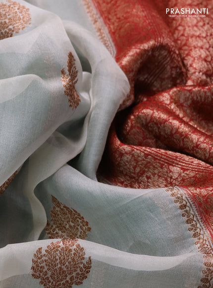 Banarasi organza saree off white and maroon green with thread & zari woven buttas and woven border