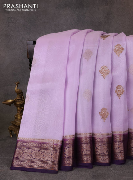 Banarasi organza saree mild lavender and violet with thread & zari woven buttas and woven border