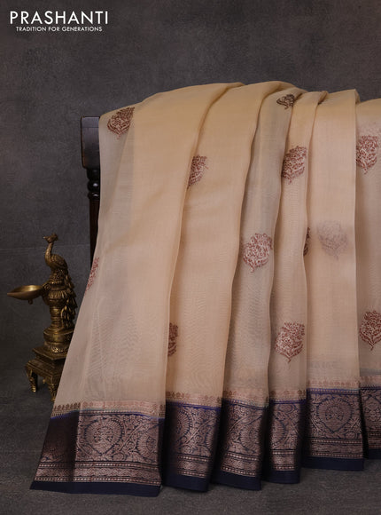 Banarasi organza saree beige and navy blue with thread & zari woven buttas and woven border