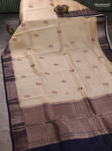 Banarasi organza saree beige and navy blue with thread & zari woven buttas and woven border