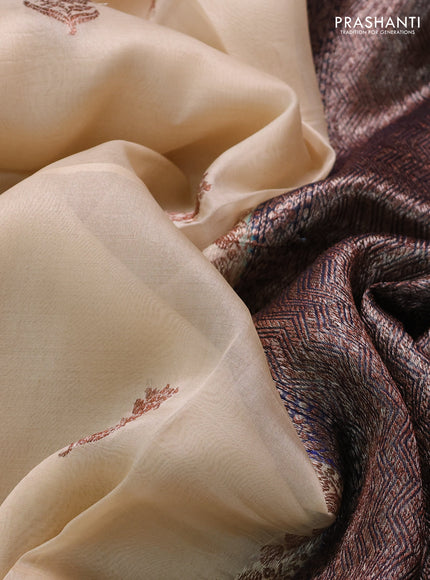Banarasi organza saree beige and navy blue with thread & zari woven buttas and woven border