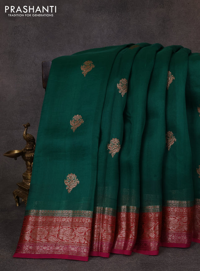 Banarasi organza saree green and red pink with thread & zari woven buttas and woven border