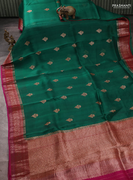 Banarasi organza saree green and red pink with thread & zari woven buttas and woven border