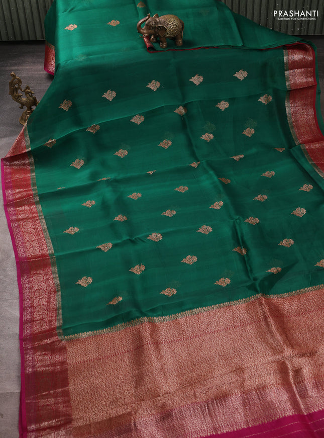 Banarasi organza saree green and red pink with thread & zari woven buttas and woven border