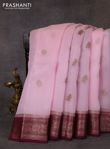 Banarasi organza saree baby pink and dark purple with thread & zari woven buttas and woven border