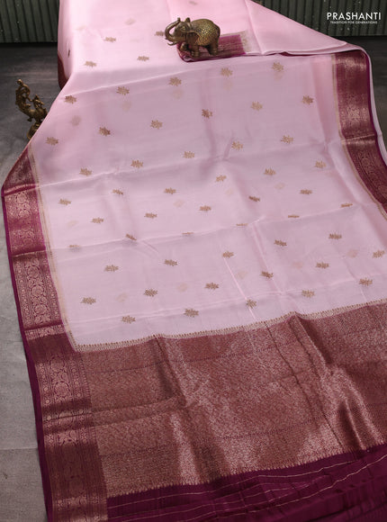 Banarasi organza saree baby pink and dark purple with thread & zari woven buttas and woven border