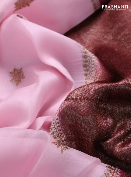 Banarasi organza saree baby pink and dark purple with thread & zari woven buttas and woven border