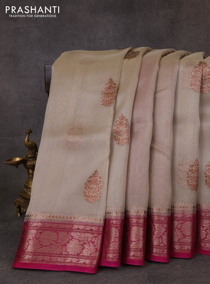 Banarasi organza saree beige and pink with thread & zari woven buttas and woven border