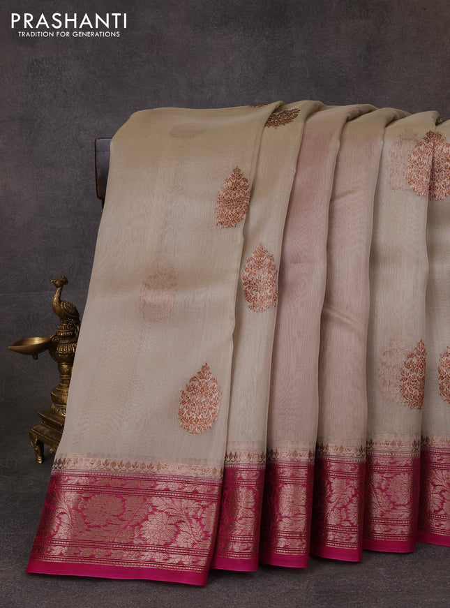 Banarasi organza saree beige and pink with thread & zari woven buttas and woven border