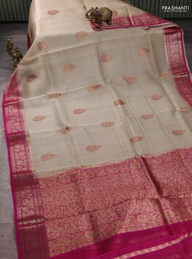 Banarasi organza saree beige and pink with thread & zari woven buttas and woven border