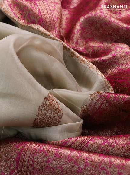 Banarasi organza saree beige and pink with thread & zari woven buttas and woven border