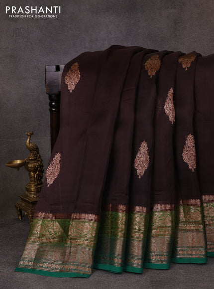 Banarasi organza saree coffee brown and green with thread & zari woven buttas and woven border