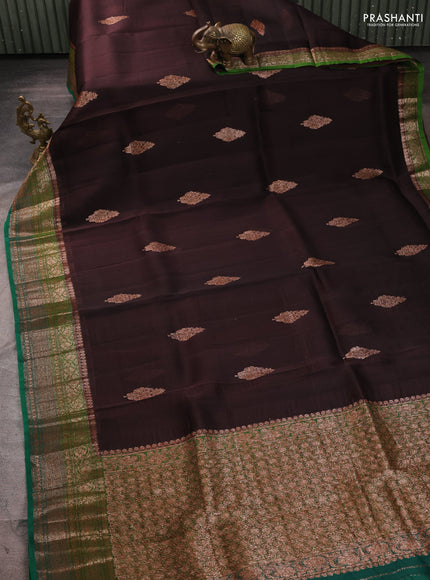 Banarasi organza saree coffee brown and green with thread & zari woven buttas and woven border