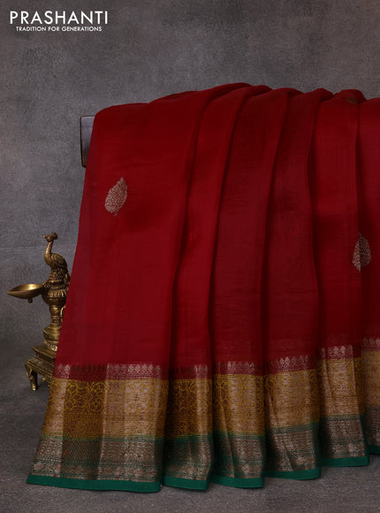 Banarasi organza saree red and mustard yellow green with thread & zari woven buttas and long woven border