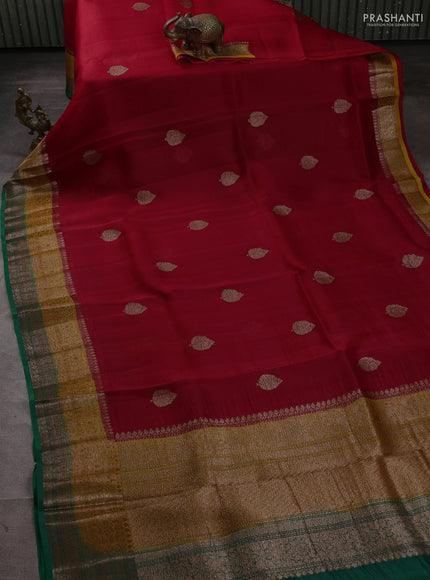 Banarasi organza saree red and mustard yellow green with thread & zari woven buttas and long woven border
