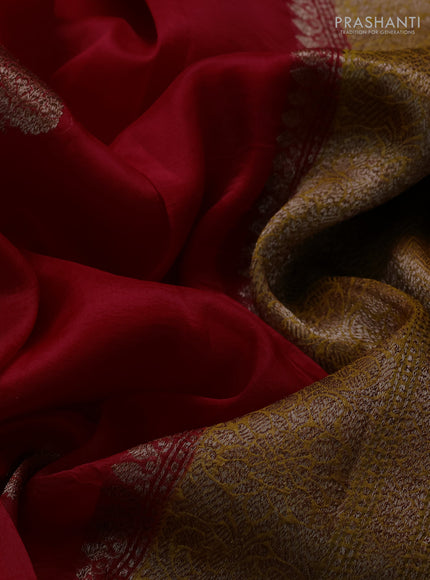 Banarasi organza saree red and mustard yellow green with thread & zari woven buttas and long woven border