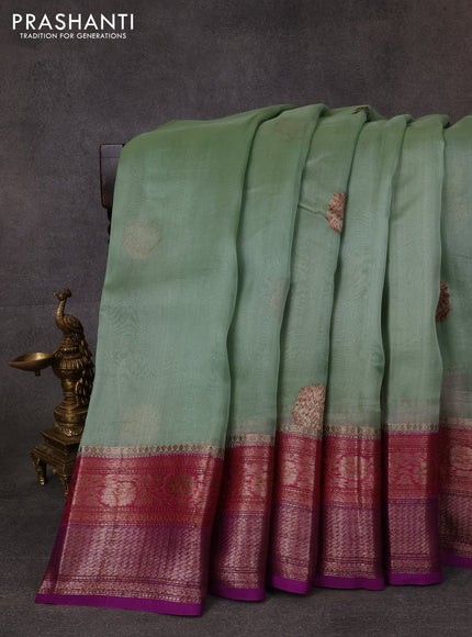 Banarasi organza saree pastel green and pink purple with thread & zari woven buttas and long woven border