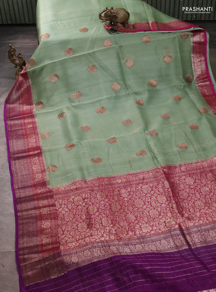 Banarasi organza saree pastel green and pink purple with thread & zari woven buttas and long woven border
