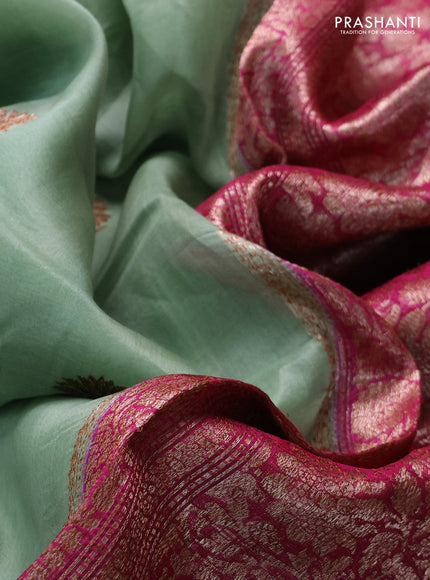 Banarasi organza saree pastel green and pink purple with thread & zari woven buttas and long woven border