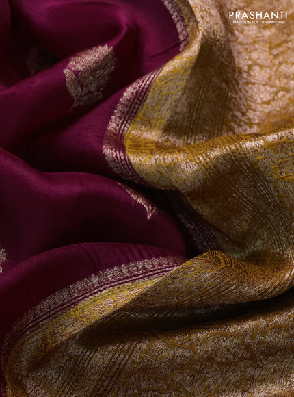 Banarasi organza saree wine shade and mustard yellow green with thread & zari woven buttas and long woven border