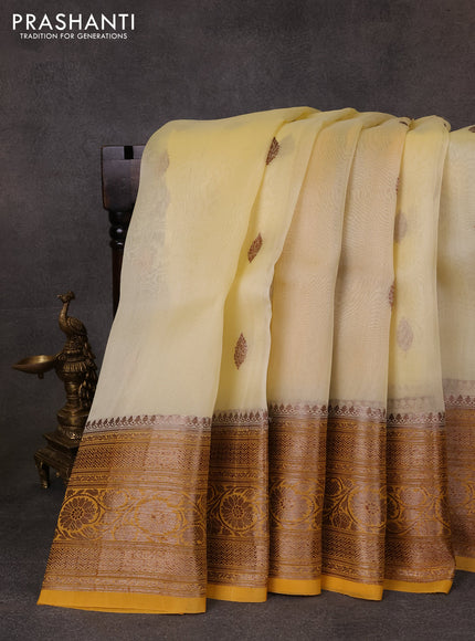 Banarasi organza saree cream and mustard yellow with thread & zari woven buttas and long woven border