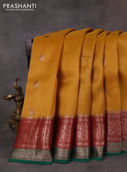 Banarasi organza saree mustard yellow and maroon green with thread & zari woven buttas and long woven border