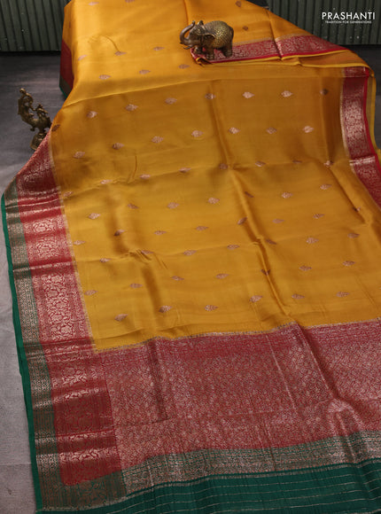 Banarasi organza saree mustard yellow and maroon green with thread & zari woven buttas and long woven border