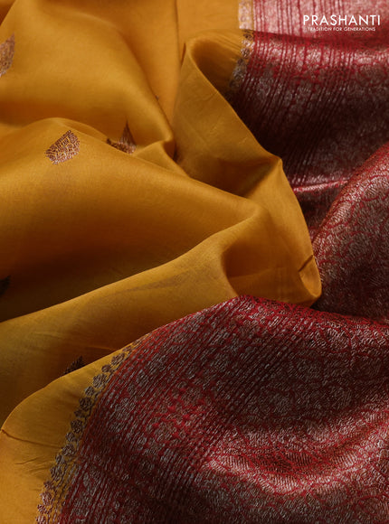 Banarasi organza saree mustard yellow and maroon green with thread & zari woven buttas and long woven border