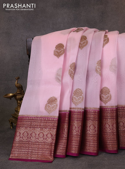 Banarasi organza saree baby pink and purple with thread & zari woven buttas and long woven border