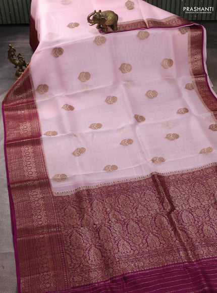 Banarasi organza saree baby pink and purple with thread & zari woven buttas and long woven border