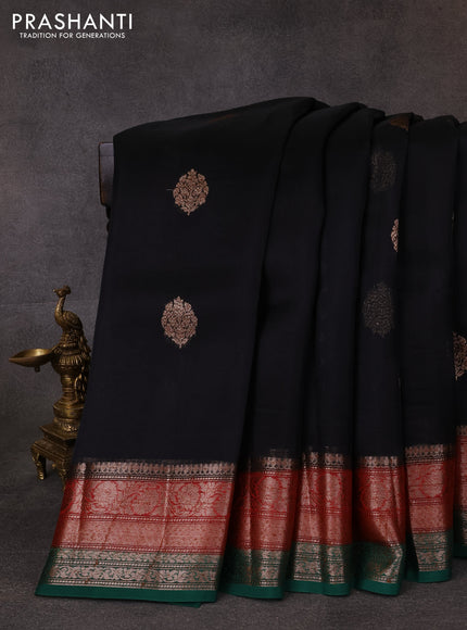 Banarasi organza saree black and red green with thread & zari woven buttas and long woven border