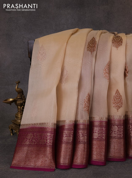 Banarasi organza saree sandal and purple with thread & zari woven buttas and long woven border