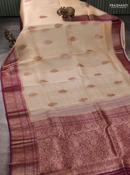 Banarasi organza saree sandal and purple with thread & zari woven buttas and long woven border