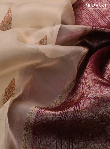 Banarasi organza saree sandal and purple with thread & zari woven buttas and long woven border