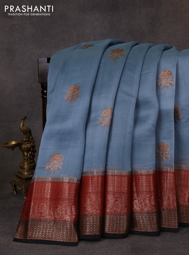 Banarasi organza saree pastel blue and maroon black with thread & zari woven buttas and long woven border