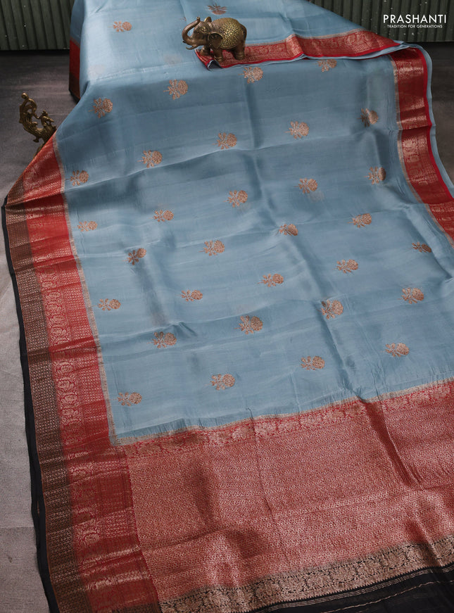 Banarasi organza saree pastel blue and maroon black with thread & zari woven buttas and long woven border
