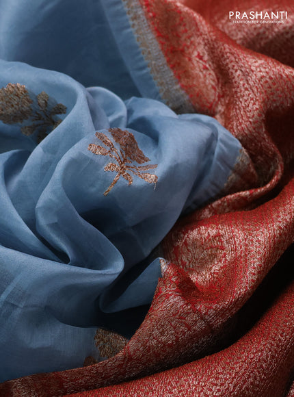 Banarasi organza saree pastel blue and maroon black with thread & zari woven buttas and long woven border